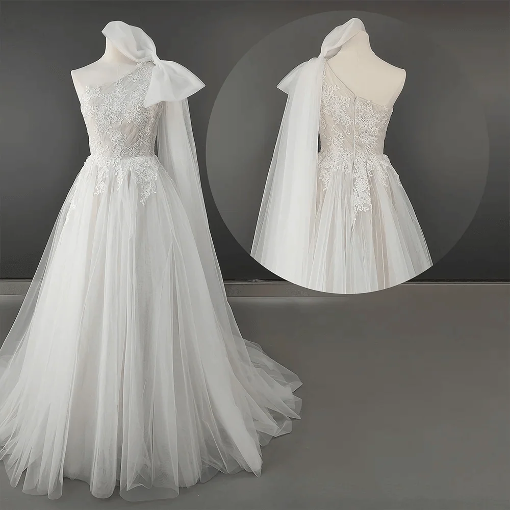 One-Shoulder Ruched Tulle Boho Beach Wedding Dress – Beading & Floral Appliqué Details, Custom Made