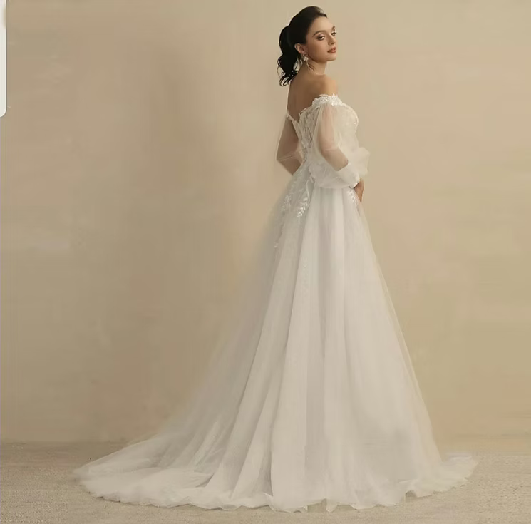 Boho A-Line Wedding Dress – Deep V-Neck, Full Sleeves, Glitter & Sweep Train, Custom Made