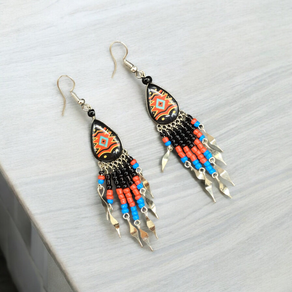 Small Sized Southwestern Black and Red Teardrop Earrings
