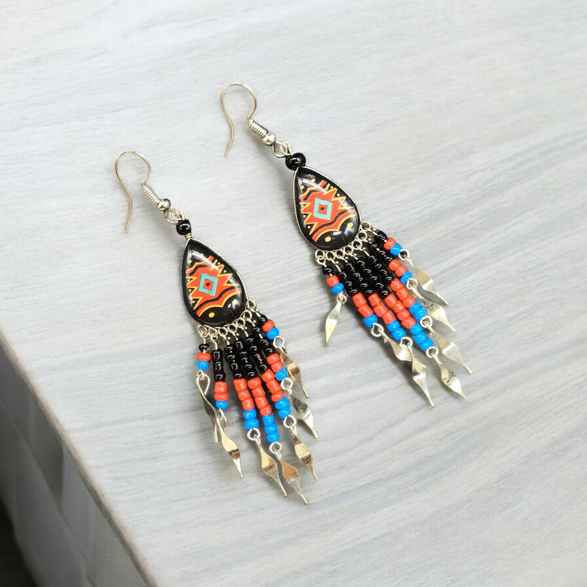 Small Sized Southwestern Black and Red Teardrop Earrings