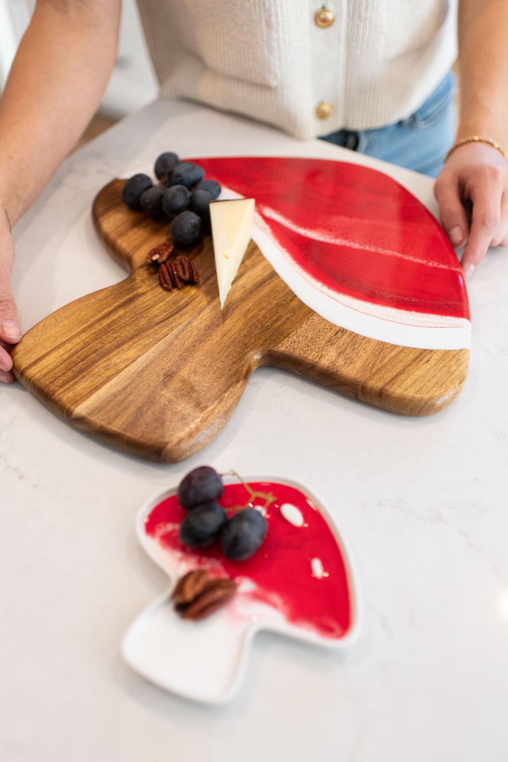 Mushroom Shaped Acacia Cheese Board and Ceramic Tray