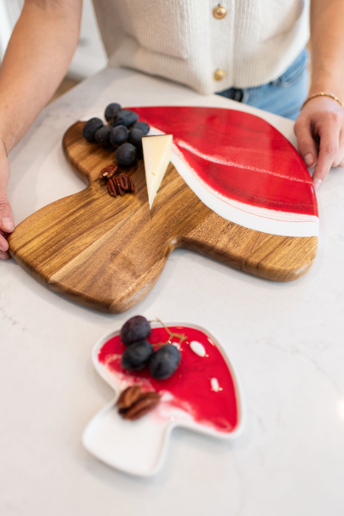 Mushroom Shaped Acacia Cheese Board and Ceramic Tray