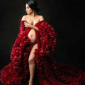 Dark Red Maternity Dresses Plus Size Tiered Ruffles Long Sleeve