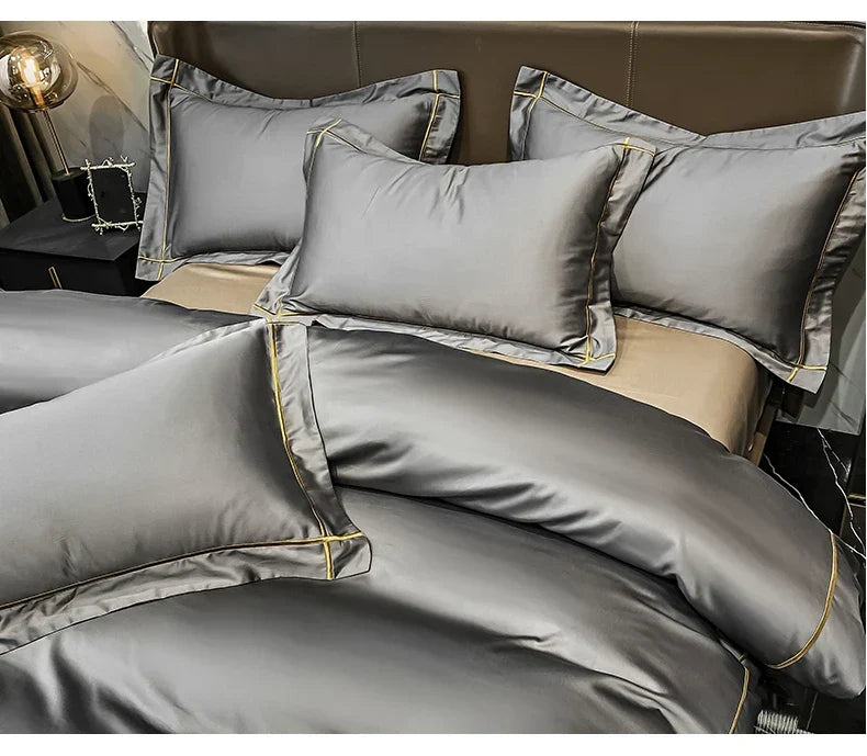 Royal Retreat Fine Gold Embroidered 600 TC Duvet Set - Purple/Dark Grey/White/Steel Blue/Light Grey/Jade Green/Peach Pink/Champagne/Blue/Beige/Aqua Green/Emerald Green