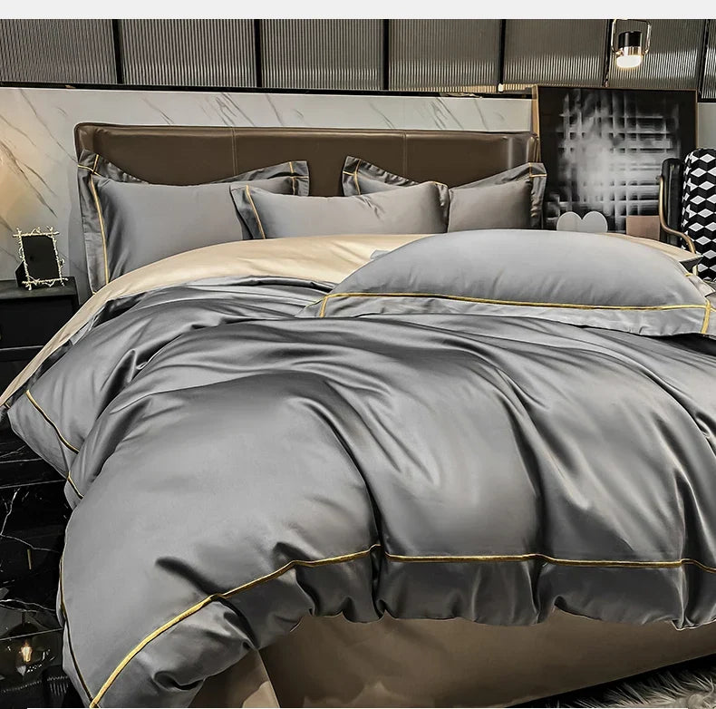 Royal Retreat Fine Gold Embroidered 600 TC Duvet Set - Purple/Dark Grey/White/Steel Blue/Light Grey/Jade Green/Peach Pink/Champagne/Blue/Beige/Aqua Green/Emerald Green