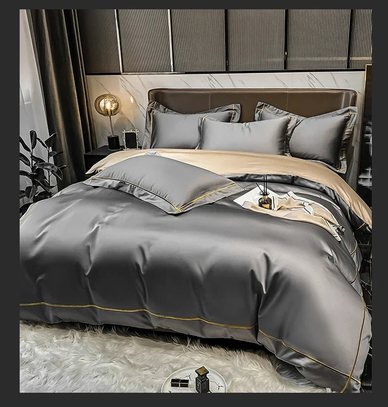 Royal Retreat Fine Gold Embroidered 600 TC Duvet Set - Purple/Dark Grey/White/Steel Blue/Light Grey/Jade Green/Peach Pink/Champagne/Blue/Beige/Aqua Green/Emerald Green