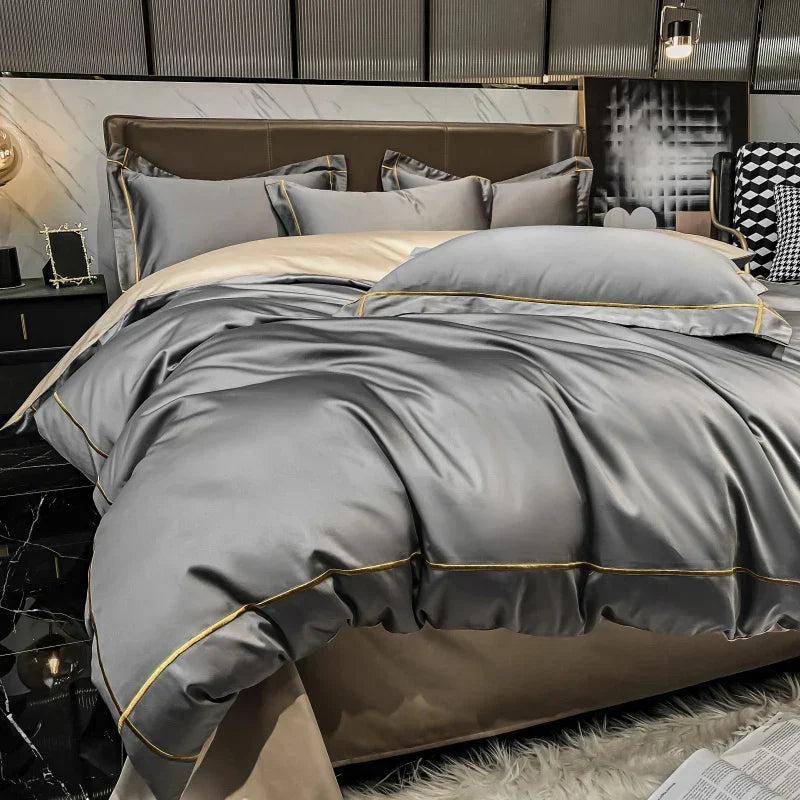 Royal Retreat Fine Gold Embroidered 600 TC Duvet Set - Purple/Dark Grey/White/Steel Blue/Light Grey/Jade Green/Peach Pink/Champagne/Blue/Beige/Aqua Green/Emerald Green