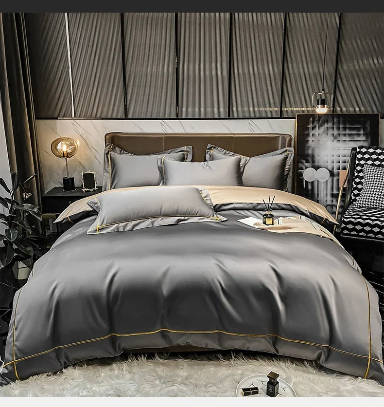 Royal Retreat Fine Gold Embroidered 600 TC Duvet Set - Purple/Dark Grey/White/Steel Blue/Light Grey/Jade Green/Peach Pink/Champagne/Blue/Beige/Aqua Green/Emerald Green