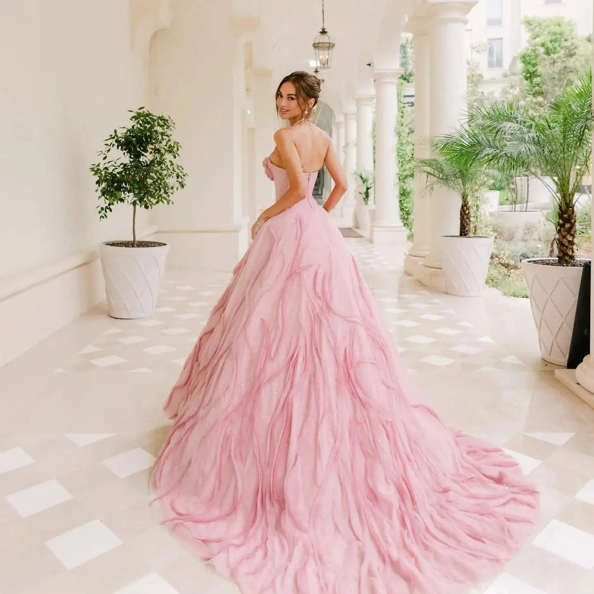Dusty Rose Couture Evening Gown – Handmade Flowers, Puffy Tutu Tulle, Bridal Dress