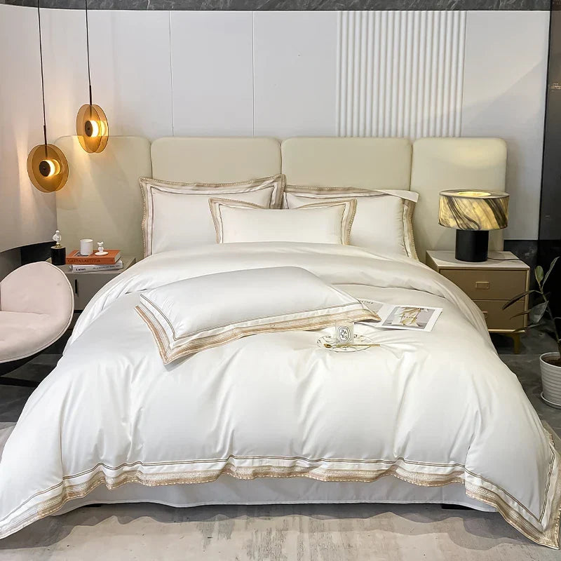 Royal Retreat Gold Edging Embroidered 1000 TC Duvet Set - White