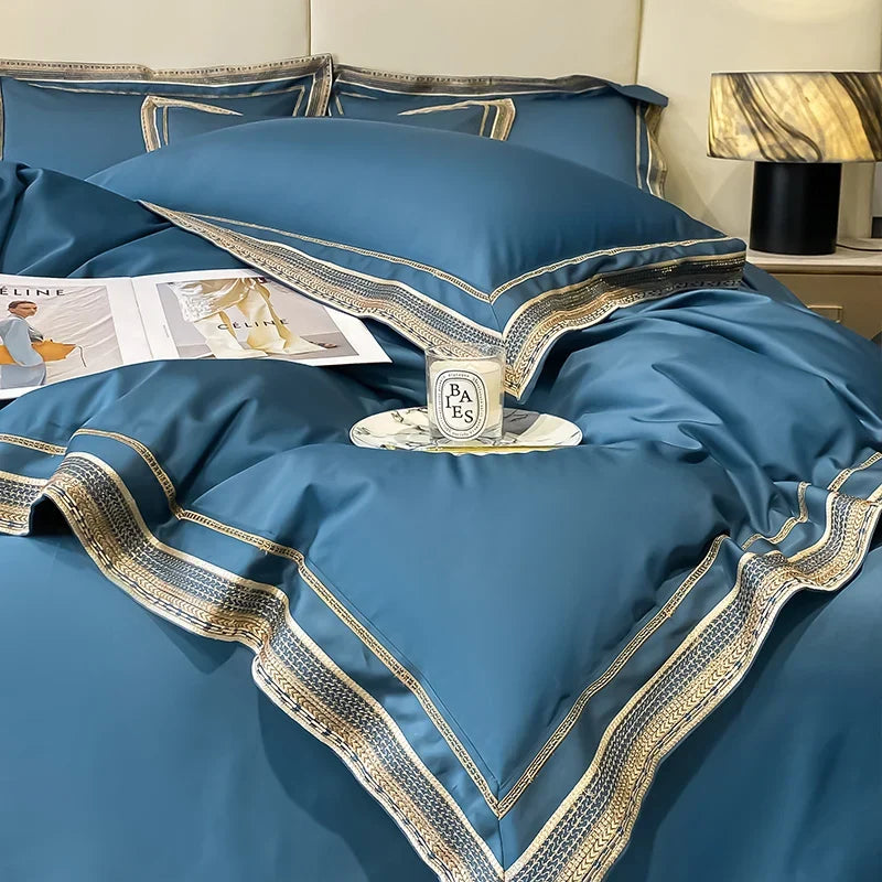 Royal Retreat Gold Edging Embroidered 1000 TC Duvet Set - Midnight Blue