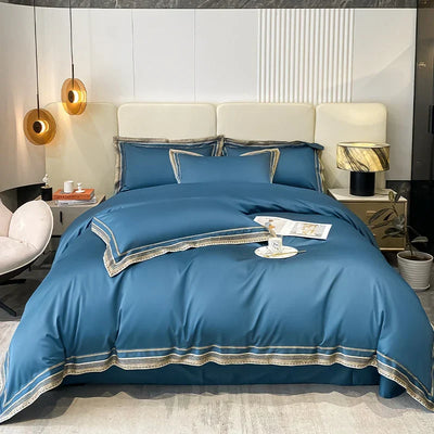 Royal Retreat Gold Edging Embroidered 1000 TC Duvet Set - Midnight Blue