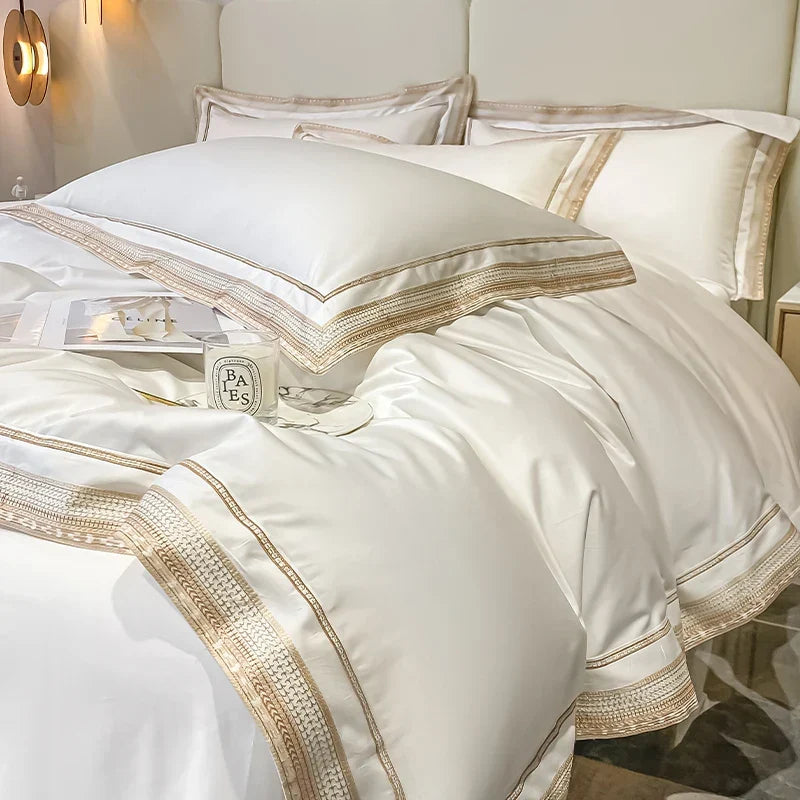 Royal Retreat Gold Edging Embroidered 1000 TC Duvet Set - White