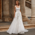 Elegant 2-in-1 Wedding Dress – Floral Embroidery Lace, Square Collar & Removable Train, Custom Made