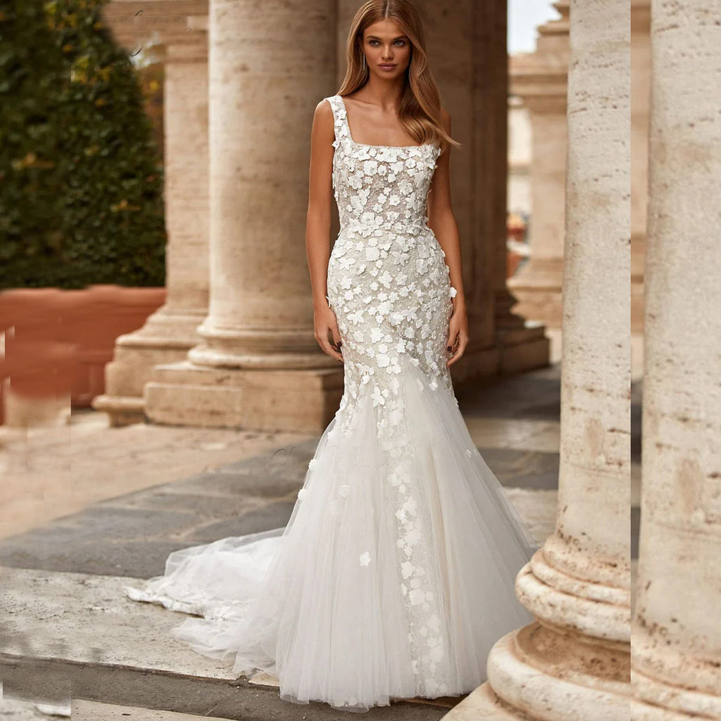 Elegant 2-in-1 Wedding Dress – Floral Embroidery Lace, Square Collar & Removable Train, Custom Made