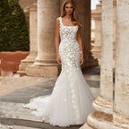 Elegant 2-in-1 Wedding Dress – Floral Embroidery Lace, Square Collar & Removable Train, Custom Made