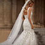 Elegant 2-in-1 Wedding Dress – Floral Embroidery Lace, Square Collar & Removable Train, Custom Made
