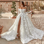 3D Floral A-Line Princess Wedding Dress – Long Sleeves & Side Slit, Custom Made