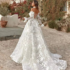 3D Floral A-Line Princess Wedding Dress – Long Sleeves & Side Slit, Custom Made