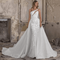 One-Shoulder Mermaid Wedding Dress – Detachable Train & Organza Tulle, Custom Made