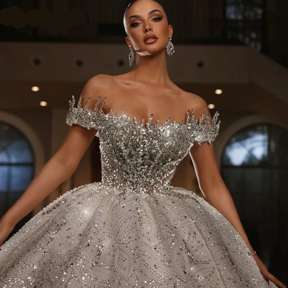 Off-the-Shoulder Beaded Wedding Dress – Rhinestone Embellishments & Lace-Up Ball Gown, Custom Made