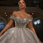 Off-the-Shoulder Beaded Wedding Dress – Rhinestone Embellishments & Lace-Up Ball Gown, Custom Made