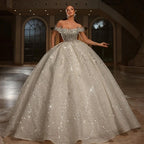 Off-the-Shoulder Beaded Wedding Dress – Rhinestone Embellishments & Lace-Up Ball Gown, Custom Made