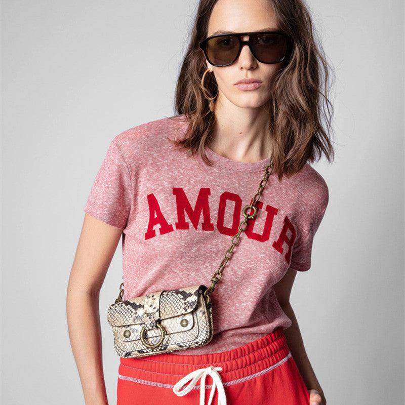 Fashion T-shirts New Flocking Letters Woman T-shirts Spring Summer Zadig Voltaire T-shirts Casual Tops for Women Pink Color T-shirts