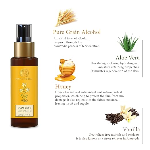 Forest Essentials Fragrant Body Mist Honey Vanilla | Aloe Vera juice infused Perfume Spray to keep Skin Scented & Hydrated Through the Day