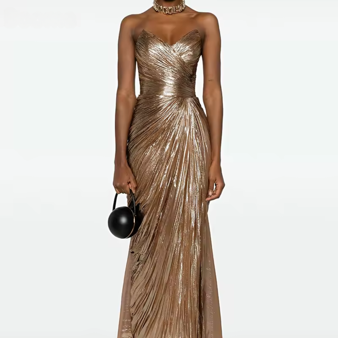 Customized Elegant Strapless A-Line Prom Dress | Pleated Sleeveless Floor-Length Evening Gown