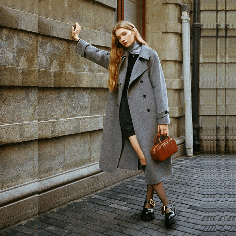 100% Wool Women€™s Long Double-Breasted Coat – Belted, Windbreaker Style with Lapel in Grey and Navy Blue