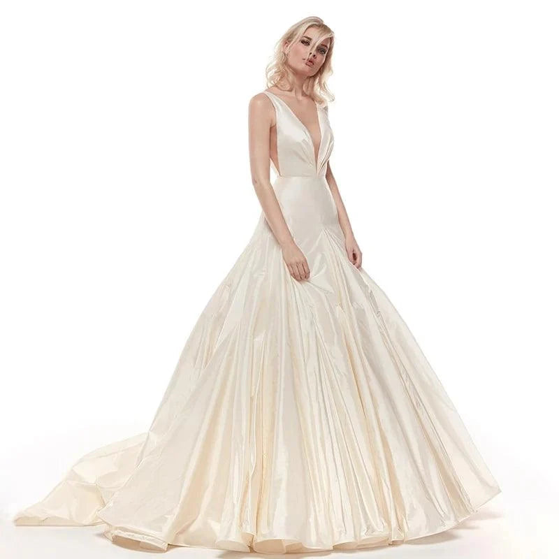 Satin A-Line Wedding Gown – Sleeveless V-Neck with Ruched Detailing, Custom Made