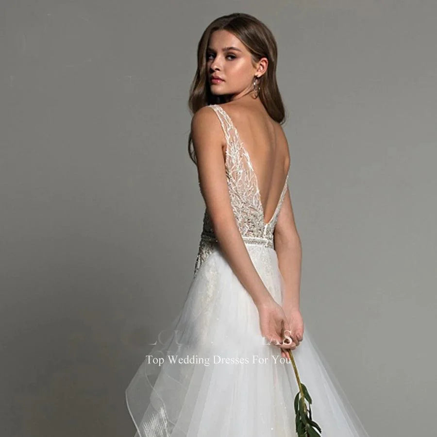 Sexy Mermaid Wedding Dress – Detachable Train, Beaded V-Neck & Backless Design, Custom Made