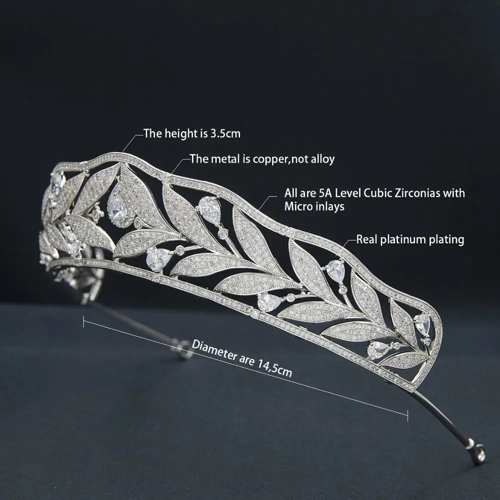 Cubic Zirconia Leaves Royal Replica Tiara  Elegant Crystal Princess Diadem for Weddings, Prom & Parties