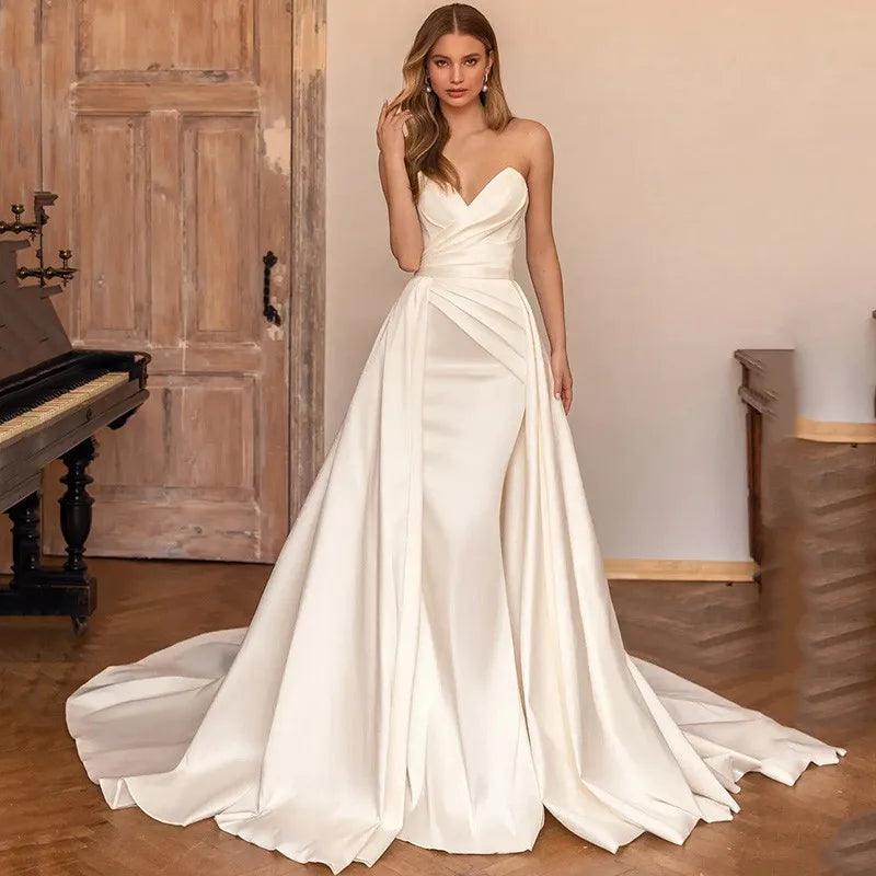 2-Piece Soft Satin Mermaid Wedding Dress – Sleek Fit with Removable Train, Custom Made