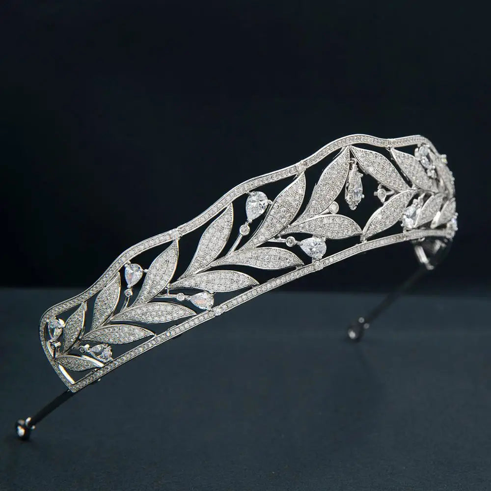 Cubic Zirconia Leaves Royal Replica Tiara  Elegant Crystal Princess Diadem for Weddings, Prom & Parties