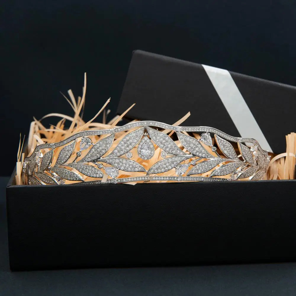 Cubic Zirconia Leaves Royal Replica Tiara  Elegant Crystal Princess Diadem for Weddings, Prom & Parties