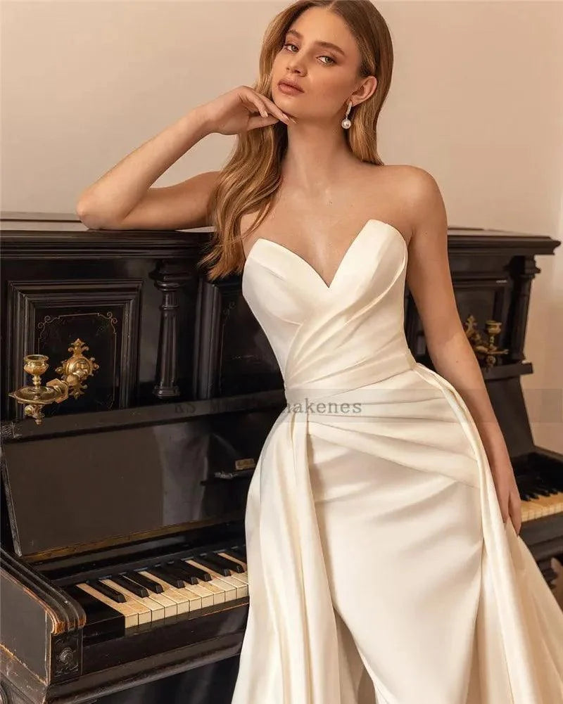 2-Piece Soft Satin Mermaid Wedding Dress – Sleek Fit with Removable Train, Custom Made
