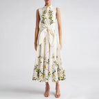 2025 Summer Advanced Design Beige Sleeveless Maxi Dress with Bow Belt and Turn-Down Collar