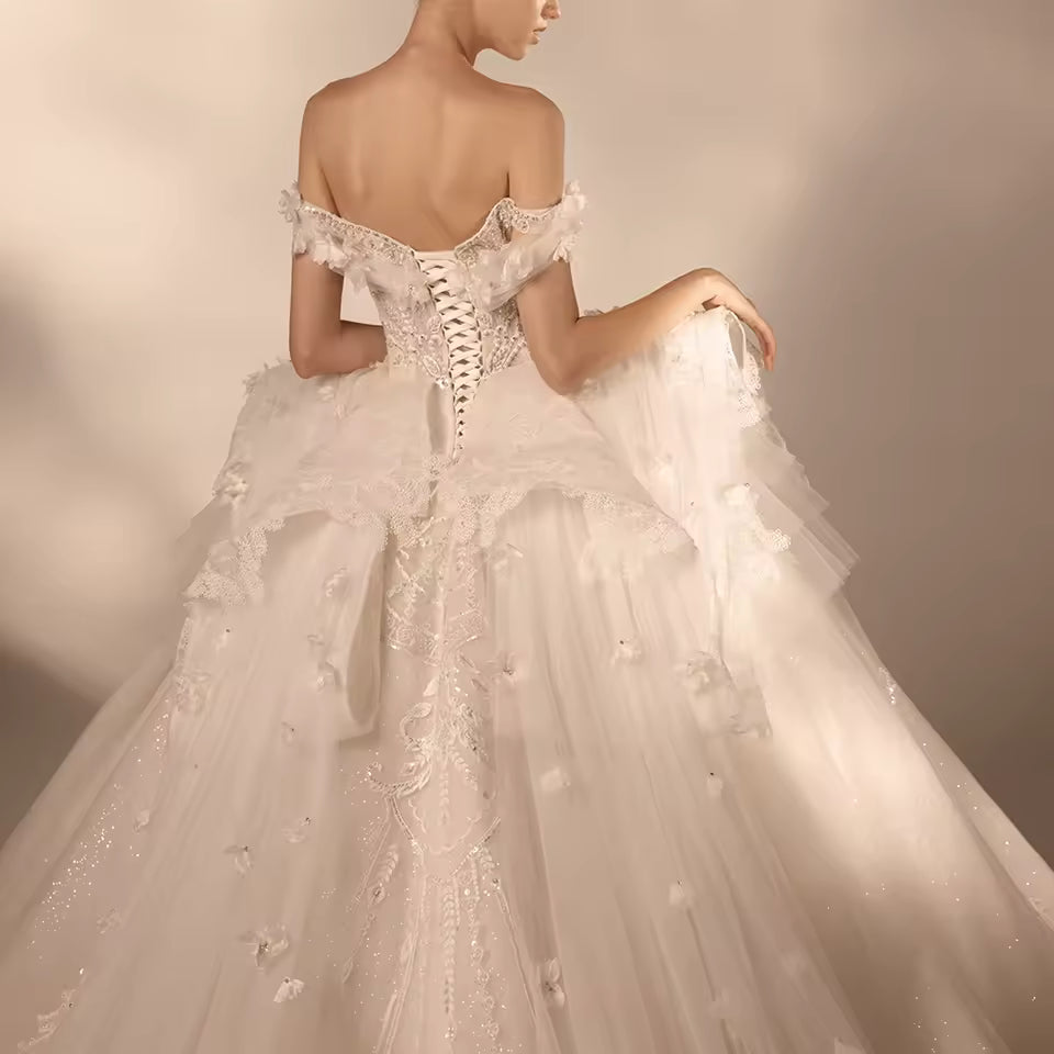 Elegant Off-Shoulder Appliqued Flower Ball Gown Wedding Dress
