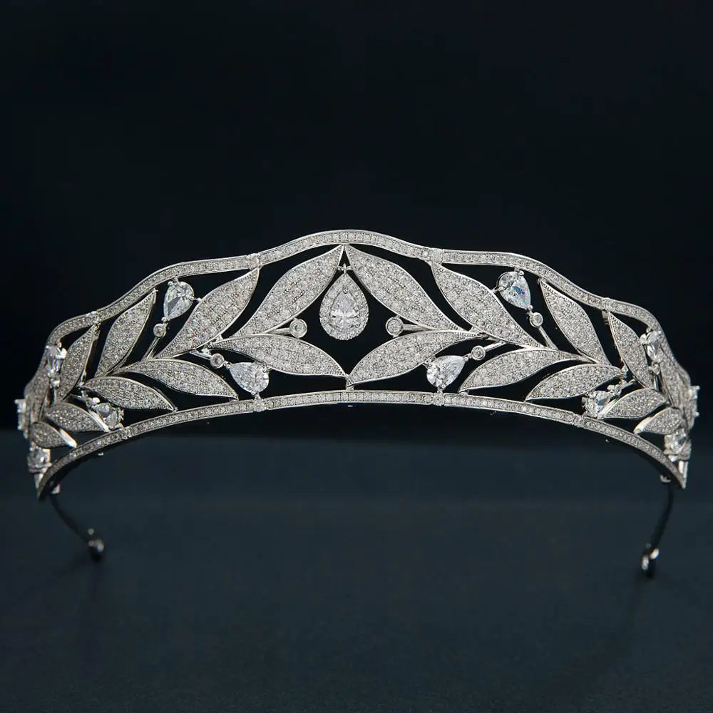 Cubic Zirconia Leaves Royal Replica Tiara  Elegant Crystal Princess Diadem for Weddings, Prom & Parties
