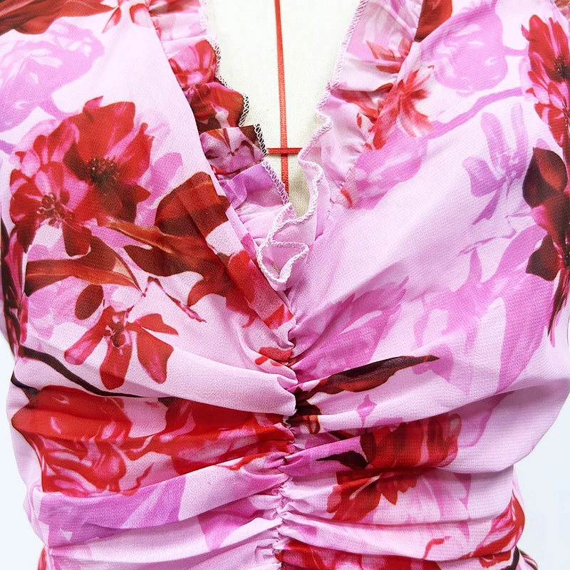 2026 Sexy Halter Floral Maxi Dress  -  Sleeveless Fit & Flare Party Gown with Ruffles