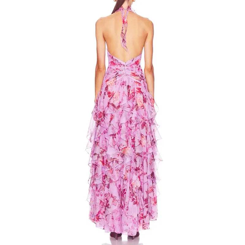 2026 Sexy Halter Floral Maxi Dress  -  Sleeveless Fit & Flare Party Gown with Ruffles