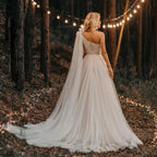 One-Shoulder Ruched Tulle Boho Beach Wedding Dress – Beading & Floral Appliqué Details, Custom Made