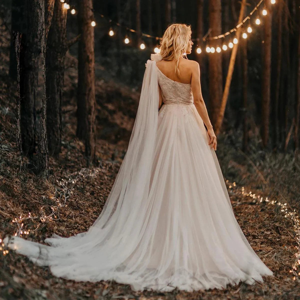 One-Shoulder Ruched Tulle Boho Beach Wedding Dress – Beading & Floral Appliqué Details, Custom Made