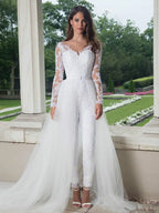 Full Lace Bridal Jumpsuit – Long Sleeve Jewel Neck with Detachable Train, Custom Made