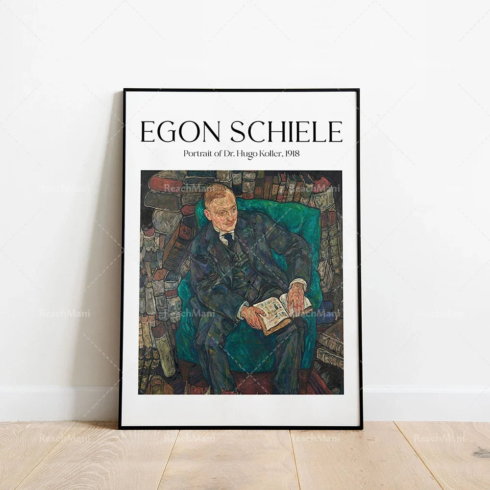 Egon Schiele - Self-portrait with head bowed, self-portrait with physalis, portrait of Dr. Hugo Kohler decorating poster