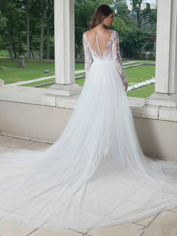 Full Lace Bridal Jumpsuit – Long Sleeve Jewel Neck with Detachable Train, Custom Made