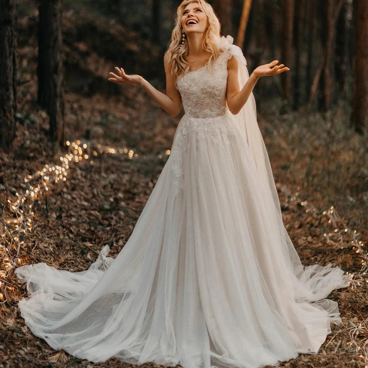 One-Shoulder Ruched Tulle Boho Beach Wedding Dress – Beading & Floral Appliqué Details, Custom Made
