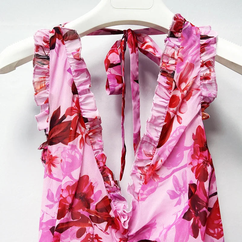 2026 Sexy Halter Floral Maxi Dress  -  Sleeveless Fit & Flare Party Gown with Ruffles